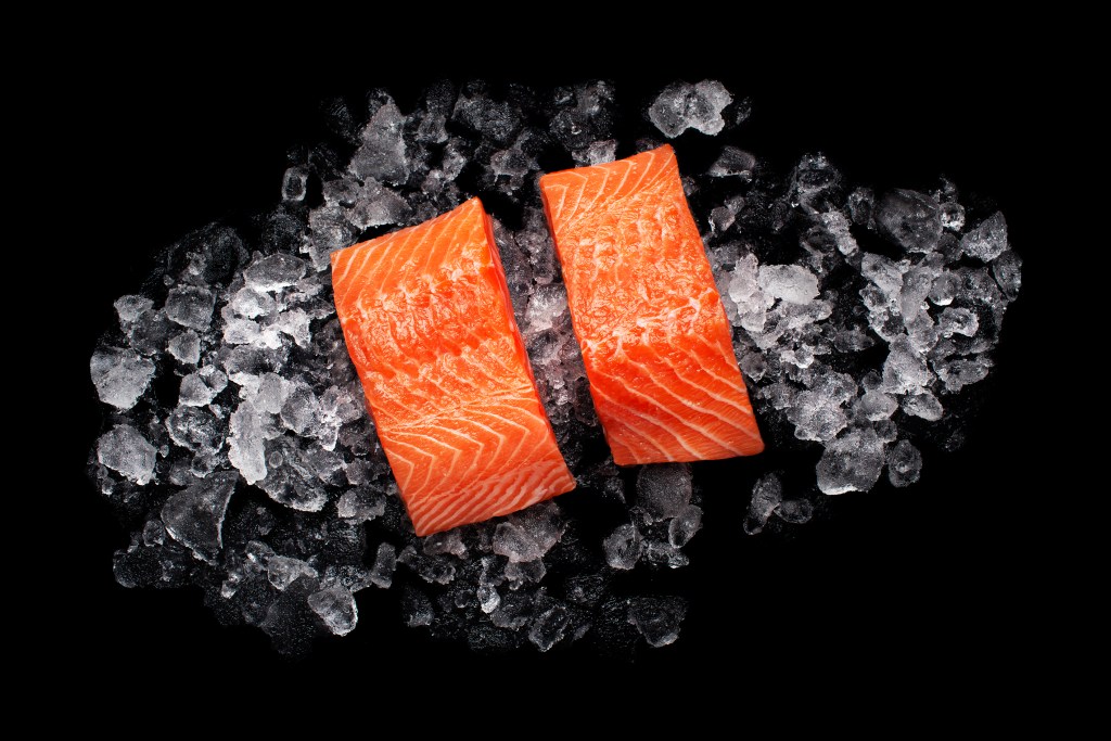 salmon portions on ice